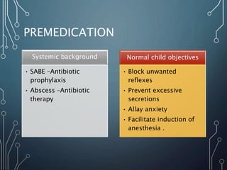 PREMEDICATION
Systemic background
• SABE –Antibiotic
prophylaxis
• Abscess –Antibiotic
therapy
Normal child objectives
• Block unwanted
reflexes
• Prevent excessive
secretions
• Allay anxiety
• Facilitate induction of
anesthesia .
 