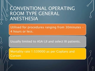 CONVENTIONAL OPERATING
ROOM TYPE GENERAL
ANESTHESIA
Utilised for procedures ranging from 30minutes -
4 hours or less.
Usually limited to ASA I,II and select III patients.
Mortality rate 1:539000 as per Coplans and
Curson
 