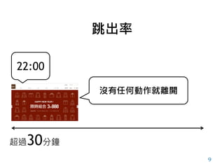 9
22:00
超過30分鐘
沒有任何動作就離開
跳出率
 