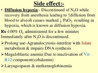 • Diffusion hypoxia:- Discontinued of N2O while
recovery from anesthesia leading to ↑diffusion from
blood to alveoli causes marked ↓ PaO2 resulting in
hypoxia, which is known as diffusion hypoxia.
Rx-100% O2 administered for a few minutes
Immediately after N2O is discontinued.
Prolong use-Agranulocytosis-interfere with folate
metabolism & impairs DNA synthesis
Megaloblastic anemia-Due to inactivation of Vit-
B12 component(cobalamin)
Laryngospasm & methemoglobinemia
Side effect:-
 