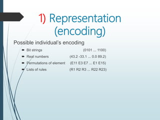 1) Representation
(encoding)
Possible individual’s encoding
 Bit strings (0101 ... 1100)
 Real numbers (43.2 -33.1 ... 0.0 89.2)
 Permutations of element (E11 E3 E7 ... E1 E15)
 Lists of rules (R1 R2 R3 ... R22 R23)
 