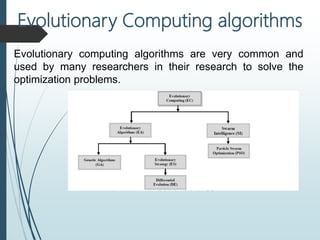 Evolutionary computing algorithms are very common and
used by many researchers in their research to solve the
optimization problems.
Evolutionary Computing algorithms
 