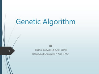 Genetic Algorithm
BY
Bushra kanwal(14-Arid-1109)
Rana Saud Shoukat(17-Arid-1742)
1
 