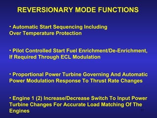 REVERSIONARY MODE FUNCTIONS

• Automatic Start Sequencing Including
Over Temperature Protection


• Pilot Controlled Start Fuel Enrichment/De-Enrichment,
If Required Through ECL Modulation


• Proportional Power Turbine Governing And Automatic
Power Modulation Response To Thrust Rate Changes


• Engine 1 (2) Increase/Decrease Switch To Input Power
Turbine Changes For Accurate Load Matching Of The
Engines                                             57
 
