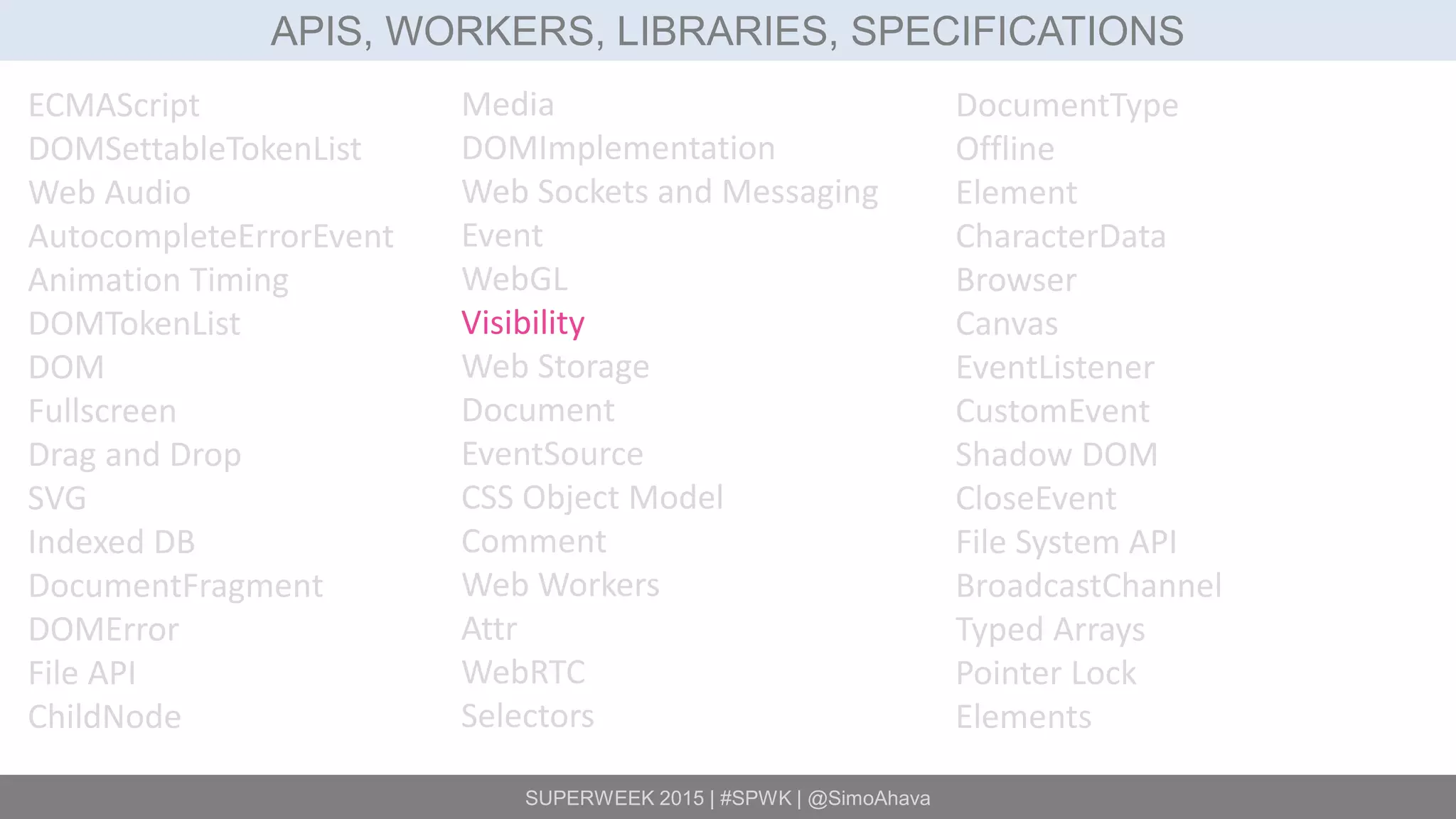 SUPERWEEK 2015 | #SPWK | @SimoAhava
APIS, WORKERS, LIBRARIES, SPECIFICATIONS
ECMAScript
DOMSettableTokenList
Web Audio
AutocompleteErrorEvent
Animation Timing
DOMTokenList
DOM
Fullscreen
Drag and Drop
SVG
Indexed DB
DocumentFragment
DOMError
File API
ChildNode
Media
DOMImplementation
Web Sockets and Messaging
Event
WebGL
Visibility
Web Storage
Document
EventSource
CSS Object Model
Comment
Web Workers
Attr
WebRTC
Selectors
DocumentType
Offline
Element
CharacterData
Browser
Canvas
EventListener
CustomEvent
Shadow DOM
CloseEvent
File System API
BroadcastChannel
Typed Arrays
Pointer Lock
Elements
 
