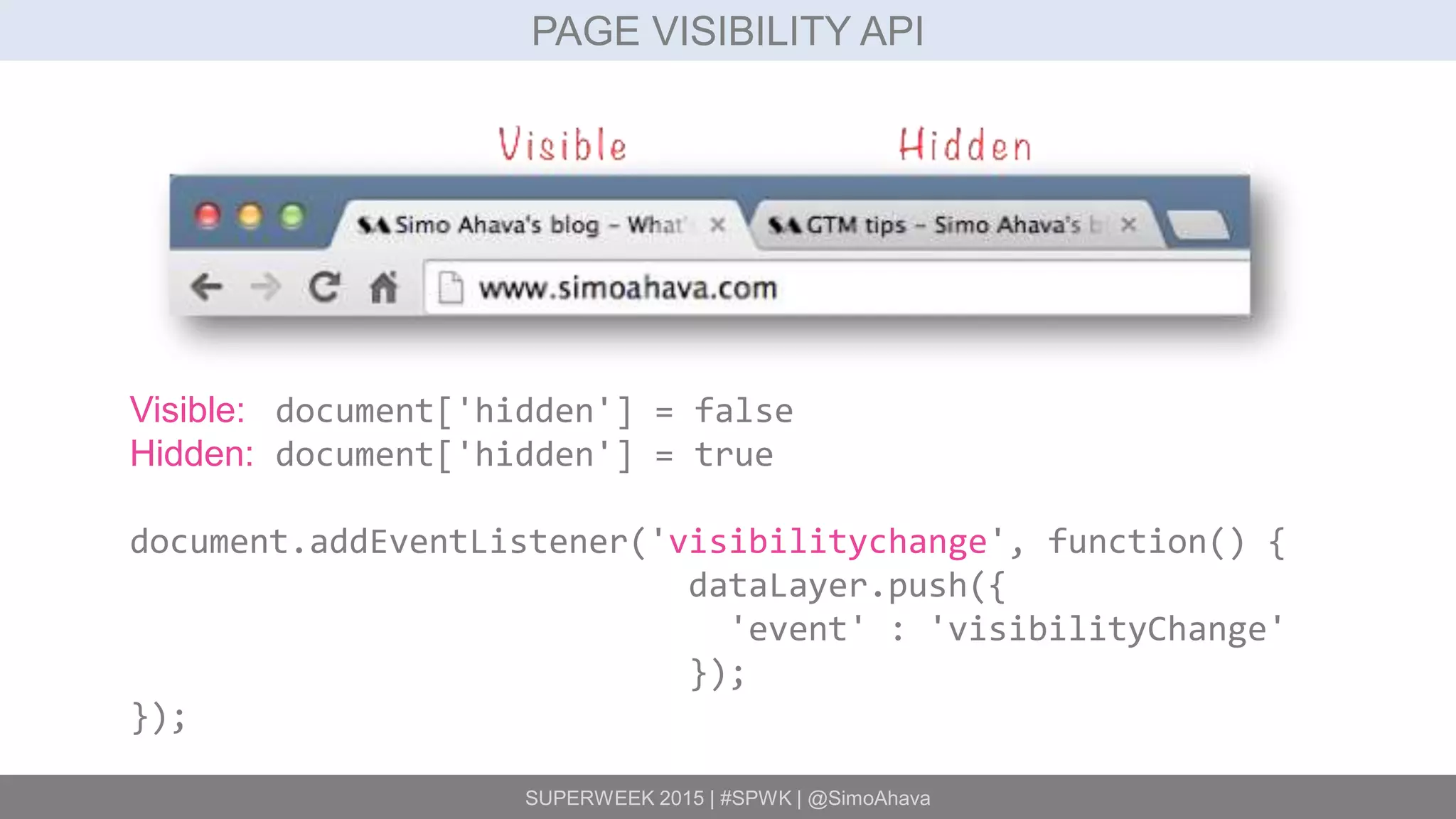 SUPERWEEK 2015 | #SPWK | @SimoAhava
PAGE VISIBILITY API
Visible: document['hidden'] = false
Hidden: document['hidden'] = true
document.addEventListener('visibilitychange', function() {
dataLayer.push({
'event' : 'visibilityChange'
});
});
 