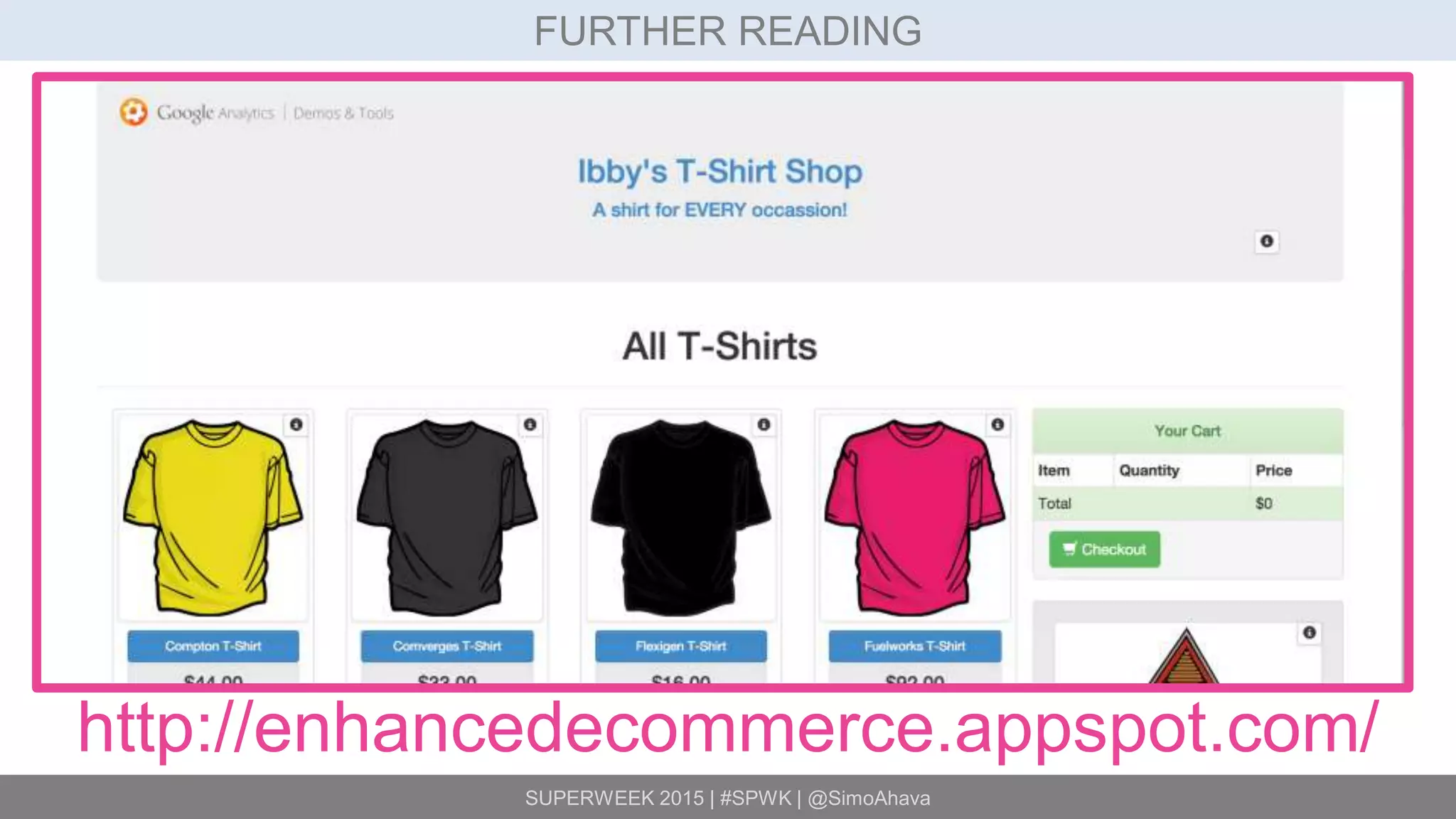SUPERWEEK 2015 | #SPWK | @SimoAhava
FURTHER READING
http://enhancedecommerce.appspot.com/
 