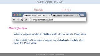 SUPERWEEK 2015 | #SPWK | @SimoAhava
PAGE VISIBILITY API
Meaningful data:
When a page is loaded in hidden state, do not send a Page View.
If the visibility of the page changes from hidden to visible, then
send the Page View.
 