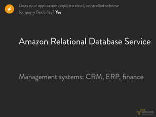 Does your application require a strict, controlled schema
r   for query ﬂexibility? Yes




    Amazon Relational Database Service


    Management systems: CRM, ERP, ﬁnance
 