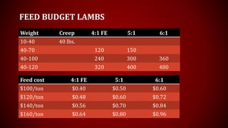 FEED BUDGET LAMBS
Weight Creep 4:1 FE 5:1 6:1
10-40 40 lbs.
40-70 120 150
40-100 240 300 360
40-120 320 400 480
Feed cost 4:1 FE 5:1 6:1
$100/ton $0.40 $0.50 $0.60
$120/ton $0.48 $0.60 $0.72
$140/ton $0.56 $0.70 $0.84
$160/ton $0.64 $0.80 $0.96
 