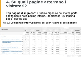 4. Su quali pagine atterrano i
visitatori?
•  Top pagine d’ingresso: il traffico organico dai motori porta
direttamente ne...