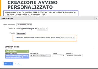 CREAZIONE AVVISO
PERSONALIZZATO
SUPPONIAMO CHE DESIDERI ESSERE AVVISATO IN CASO DI DECREMENTO DEL
TASSO DI CONVERSIONE ALL...