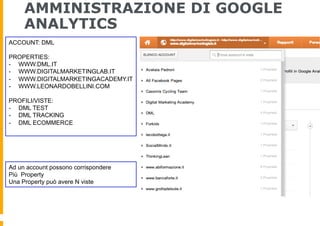 AMMINISTRAZIONE DI GOOGLE
ANALYTICS
ACCOUNT: DML
PROPERTIES:
-  WWW.DML.IT
-  WWW.DIGITALMARKETINGLAB.IT
-  WWW.DIGITALMAR...