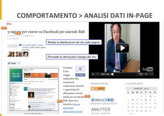 COMPORTAMENTO	
  >	
  ANALISI	
  DATI	
  IN-­‐PAGE	
  
Mostra la distribuzione dei clic sulla pagina
Permette di ottimizza...