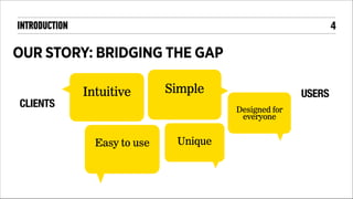 !4

INTRODUCTION

OUR STORY: BRIDGING THE GAP
!
!
!CLIENTS

!
!

Intuitive

!
!

Simple
!

Designed for
everyone

!

Easy to use

!

Unique

USERS

 