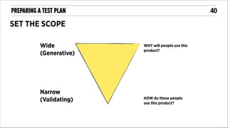 !40

PREPARING A TEST PLAN

SET THE SCOPE
Wide
(Generative)

Narrow
(Validating)

WHY will people use this
product?

HOW do these people
use this product?

 
