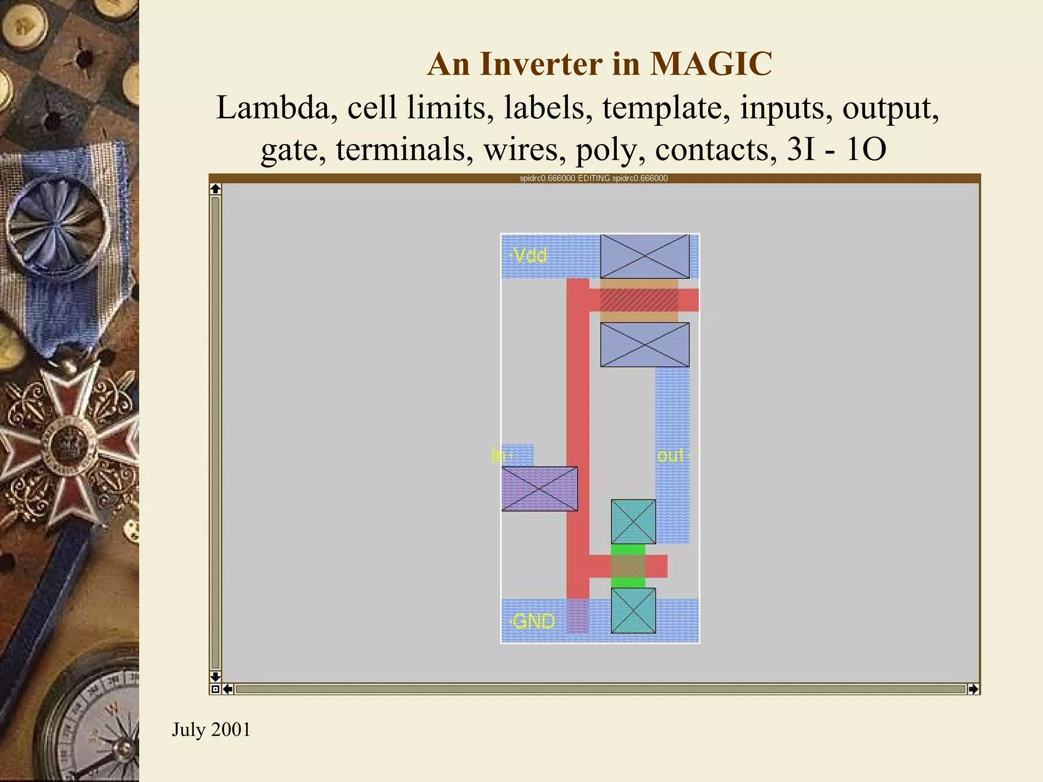 An Inverter in MAGIC Lambda, cell limits, labels, template, inputs, output, gate, terminals, wires, poly, contacts, 3I - 1O  