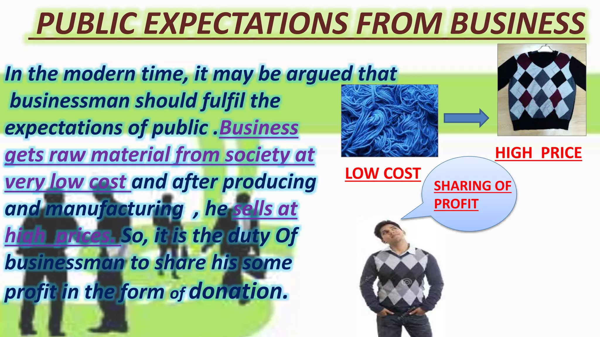 PUBLIC EXPECTATIONS FROM BUSINESS
In the modern time, it may be argued that
businessman should fulfil the
expectations of public .Business
gets raw material from society at
very low cost and after producing
and manufacturing , he sells at
high prices. So, it is the duty Of
businessman to share his some
profit in the form of donation.
LOW COST
HIGH PRICE
SHARING OF
PROFIT
 