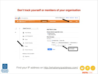Don’t track yourself or members of your organisation

Find your IP address on http://whatismyipaddress.com/
DIGITAL TONIC

 