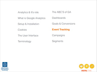 Analytics & It’s role
!
What is Google Analytics
!
Setup & Installation
!
Cookies
!
The User Interface
!
Terminology
!
!
!
!

The ABC’S of GA
!
Dashboards
!
Goals & Conversions
!
Event Tracking!
!
Campaigns
!
Segments
 

!

DIGITAL TONIC

 