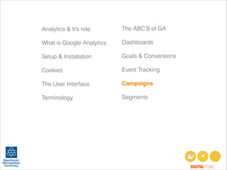 Analytics & It’s role
!
What is Google Analytics
!
Setup & Installation
!
Cookies
!
The User Interface
!
Terminology
!
!
!
!

The ABC’S of GA
!
Dashboards
!
Goals & Conversions
!
Event Tracking
!
Campaigns!
!
Segments
 

!

DIGITAL TONIC

 