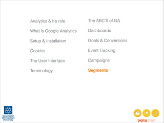Analytics & It’s role
!
What is Google Analytics
!
Setup & Installation
!
Cookies
!
The User Interface
!
Terminology
!
!
!
!

The ABC’S of GA
!
Dashboards
!
Goals & Conversions
!
Event Tracking
!
Campaigns
!
Segments!
 

!

DIGITAL TONIC

 