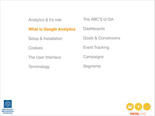 Analytics & It’s role
!
What is Google Analytics!
!
Setup & Installation
!
Cookies
!
The User Interface
!
Terminology
!
!
!
!

The ABC’S of GA
!
Dashboards
!
Goals & Conversions
!
Event Tracking
!
Campaigns
!
Segments
 

!

DIGITAL TONIC

 