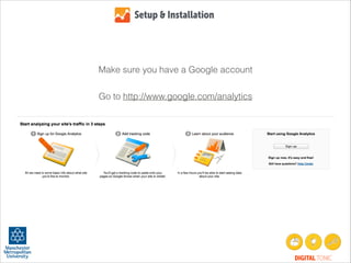 Setup & Installation

Make sure you have a Google account
Go to http://www.google.com/analytics

DIGITAL TONIC

 