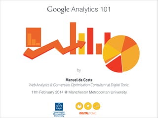 Google Analytics 101

by
!

Manuel da Costa
Web Analytics & Conversion Optimisation Consultant at Digital Tonic
11th February 2014 @ Manchester Metropolitan University

DIGITAL TONIC

 