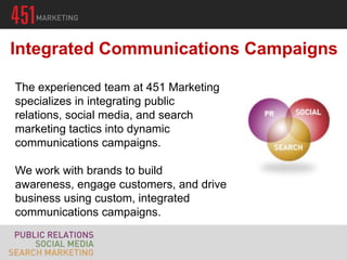 Integrated Communications Campaigns

The experienced team at 451 Marketing
specializes in integrating public
relations, social media, and search
marketing tactics into dynamic
communications campaigns.

We work with brands to build
awareness, engage customers, and drive
business using custom, integrated
communications campaigns.
 