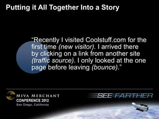 Putting it All Together Into a Story



        “Recently I visited Coolstuff.com for the
        first time (new visitor). I arrived there
        by clicking on a link from another site
        (traffic source). I only looked at the one
        page before leaving (bounce).”
 