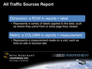 All Traffic Sources Report


   Dimension: a ROW in reports = label
    • Represents a variety of labels applied to the data, such
      as where they came from or what page they viewed


   Metric: a COLUMN in reports = measurement
    • Represents a measurement made on a visit, such as
      time on site or bounce rate
 