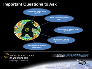 Important Questions to Ask
           How did the visitor get to
                  my site?


                                        Which source brought the
                                                most?




                                                  Which source was the most
                                                         profitable?




                                            Which source had the
                                            highest bounce rate?


           What was the ROI on that
                ad campaign?
 