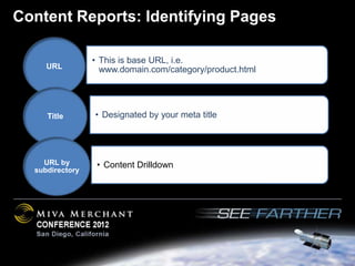Content Reports: Identifying Pages

                 • This is base URL, i.e.
     URL           www.domain.com/category/product.html




     Title       • Designated by your meta title




    URL by        • Content Drilldown
  subdirectory
 