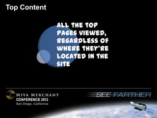 Top Content

              All the top
              pages viewed,
              regardless of
              where they're
              located in the
              site
 