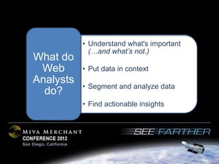 • Understand what's important
             (…and what’s not.)
What do
 Web       • Put data in context
Analysts
           • Segment and analyze data
  do?
           • Find actionable insights
 