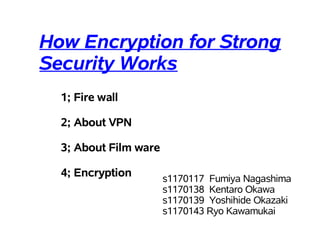 How Encryption for Strong
Security Works
  1; Fire wall

  2; About VPN

  3; About Film ware

  4; Encryption        s1170117 Fumiya Nagashima
                       s1170138 Kentaro Okawa
                       s1170139 Yoshihide Okazaki
                       s1170143 Ryo Kawamukai
 