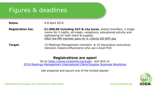 International Congress and Convention Association www.iccaworld.org
Figures & deadlines
Dates: 4-6 April 2019
Registration...