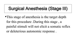 Surgical Anesthesia (Stage III)
•This stage of anesthesia is the target depth
for this procedure .During this stage , a
painful stimuli will not elicit a somatic reflex
or deleterious autonomic response .
 