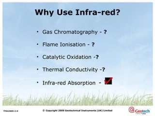 Why Use Infra-red? Gas Chromatography -  ? Flame Ionisation -  ? Catalytic Oxidation - ? Thermal Conductivity - ? Infra-red Absorption -  