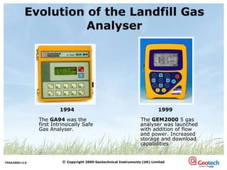Evolution of the Landfill Gas Analyser 1994 The  GA94  was the first Intrinsically Safe Gas Analyser. 1999 The  GEM2000  5 gas analyser was launched with addition of flow and power. Increased storage and download capabilities 