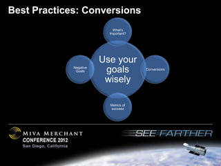 Best Practices: Conversions
                            What’s
                          Important?




                        Use your
             Negative
              Goals      goals         Conversions


                         wisely

                          Metrics of
                          success
 