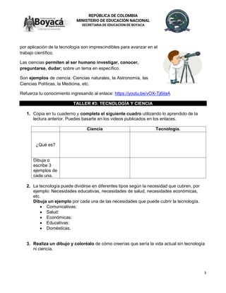 3
REPÚBLICA DE COLOMBIA
MINISTERIO DE EDUCACION NACIONAL
SECRETARIA DE EDUCACION DE BOYACA
por aplicación de la tecnología son imprescindibles para avanzar en el
trabajo científico.
Las ciencias permiten al ser humano investigar, conocer,
preguntarse, dudar; sobre un tema en específico.
Son ejemplos de ciencia: Ciencias naturales, la Astronomía, las
Ciencias Políticas, la Medicina, etc.
Refuerza tu conocimiento ingresando al enlace: https://youtu.be/vOX-Tj6iIaA
TALLER #3: TECNOLOGÍA Y CIENCIA
1. Copia en tu cuaderno y completa el siguiente cuadro utilizando lo aprendido de la
lectura anterior. Puedes basarte en los videos publicados en los enlaces.
Ciencia Tecnología.
¿Qué es?
Dibuja o
escribe 3
ejemplos de
cada una.
2. La tecnología puede dividirse en diferentes tipos según la necesidad que cubren, por
ejemplo: Necesidades educativas, necesidades de salud, necesidades económicas,
etc.
Dibuja un ejemplo por cada una de las necesidades que puede cubrir la tecnología.
• Comunicativas:
• Salud:
• Económicas:
• Educativas:
• Domésticas.
3. Realiza un dibujo y coloréalo de cómo creerías que sería la vida actual sin tecnología
ni ciencia.
 