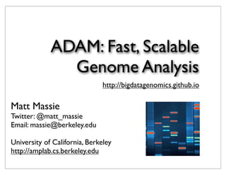 ADAM: Fast, Scalable
Genome Analysis
http://bigdatagenomics.github.io

Matt Massie

Twitter: @matt_massie
Email: massie@berkeley.edu
University of California, Berkeley
http://amplab.cs.berkeley.edu

 