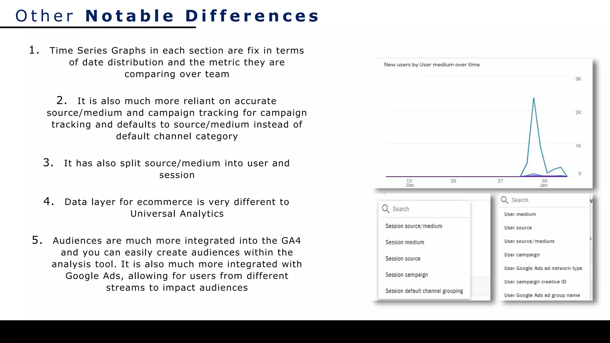O t h e r N o t a b l e D i f f e r e n c e s
1. Time Series Graphs in each section are fix in terms
of date distribution and the metric they are
comparing over team
2. It is also much more reliant on accurate
source/medium and campaign tracking for campaign
tracking and defaults to source/medium instead of
default channel category
3. It has also split source/medium into user and
session
4. Data layer for ecommerce is very different to
Universal Analytics
5. Audiences are much more integrated into the GA4
and you can easily create audiences within the
analysis tool. It is also much more integrated with
Google Ads, allowing for users from different
streams to impact audiences
 
