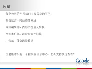 问题
每个公司的不同部门主要关心的不同：

负责运营 - 网站整体概述

网站编辑部 - 内容浏览量及转换

网站推广部 - 流量来源及转换

广告部 - 付费流量数据



但老版本只有一个控制台信息中心，怎么支持快速查看？
 