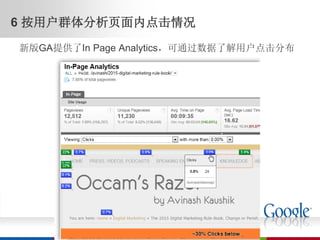 6 按用户群体分析页面内点击情况
新版GA提供了In Page Analytics，可通过数据了解用户点击分布
 