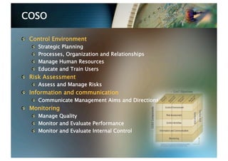 COSO


   Control Environment
   
       Strategic Planning
   
       Processes, Organization and Relationships
   
       Manage Human Resources
   
       Educate and Train Users

   Risk Assessment
   
   Assess and Manage Risks

   Information and communication
   
   Communicate Management Aims and Directions

   Monitoring
   
   Manage Quality
   
   Monitor and Evaluate Performance
   
   Monitor and Evaluate Internal Control
 