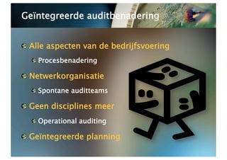 Geïntegreerde auditbenadering



   Alle aspecten van de bedrijfsvoering
  
   Procesbenadering


   Netwerkorganisatie
  
   Spontane auditteams


   Geen disciplines meer
  
   Operational auditing


   Geïntegreerde planning
 