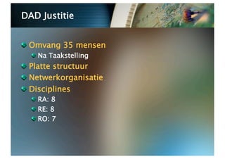 DAD Justitie



   Omvang 35 mensen
  
   Na Taakstelling

   Platte structuur

   Netwerkorganisatie

   Disciplines
  
   RA: 8
  
   RE: 8
  
   RO: 7
 